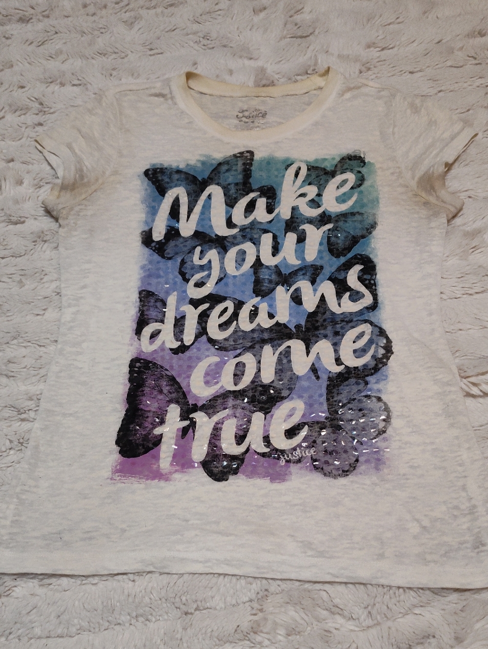 Vintage Justice White Tee with Purple & Blue Butterfly Graphic (Stains)